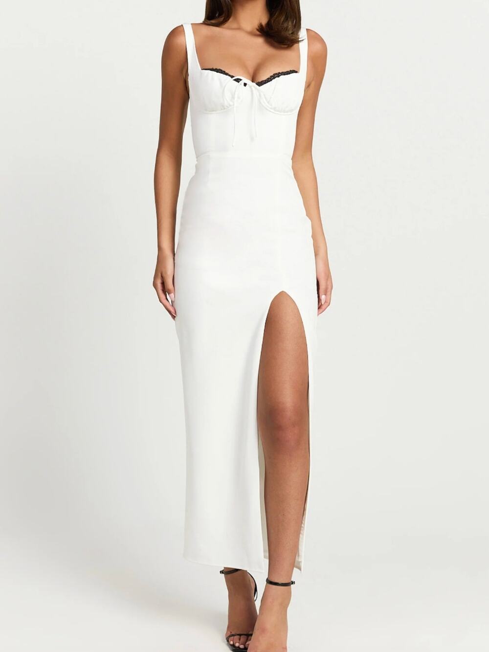Showpo White Lace Trim Bustier Slit Maxi Dress Bridal Formal Gown Party Size 4
